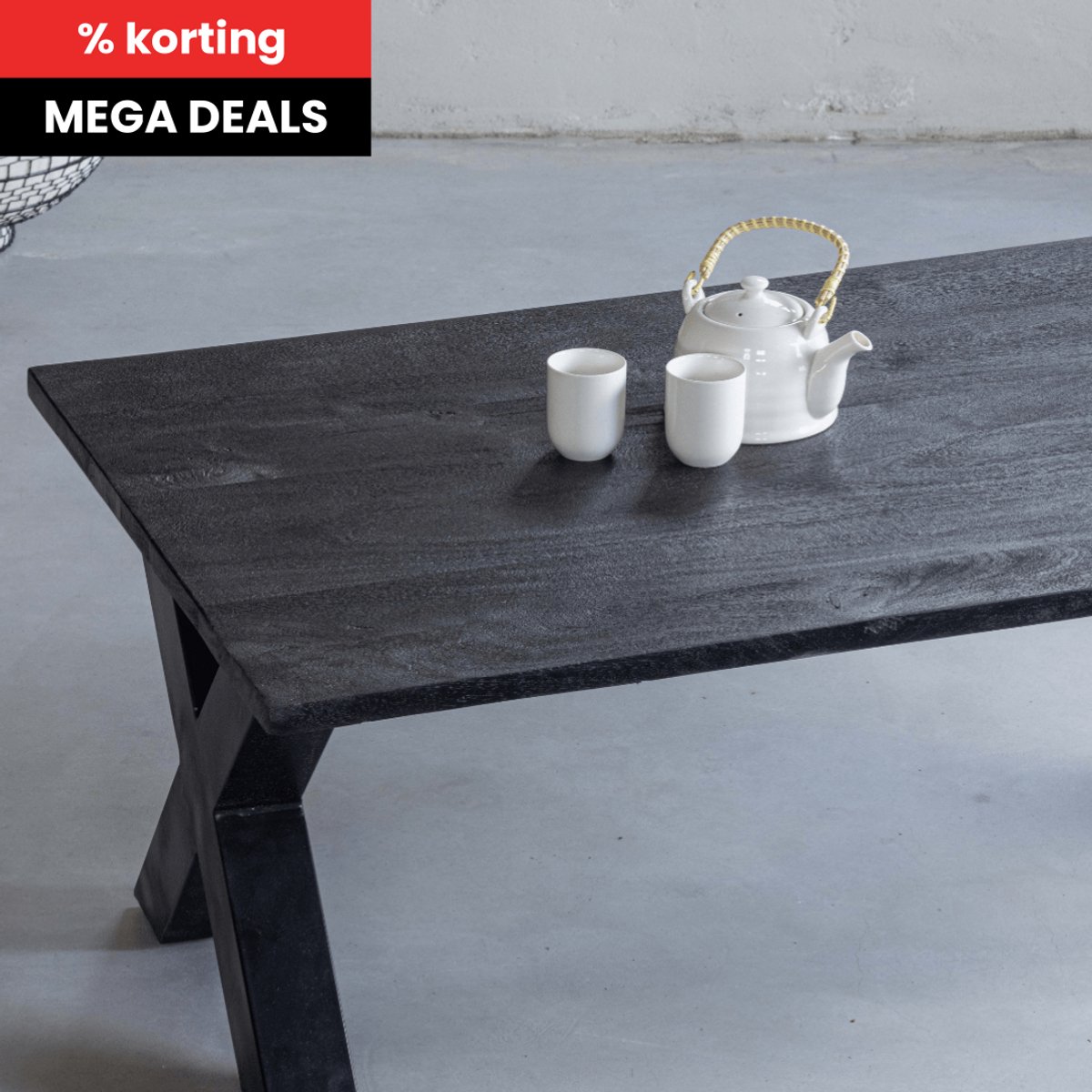 Mahom Mangohouten Salontafel Orlando Black 130 cm Mahom Industrieel - Kleine tafel van Mangohout & Metaal - Industriële Huiskamertafel Bruin