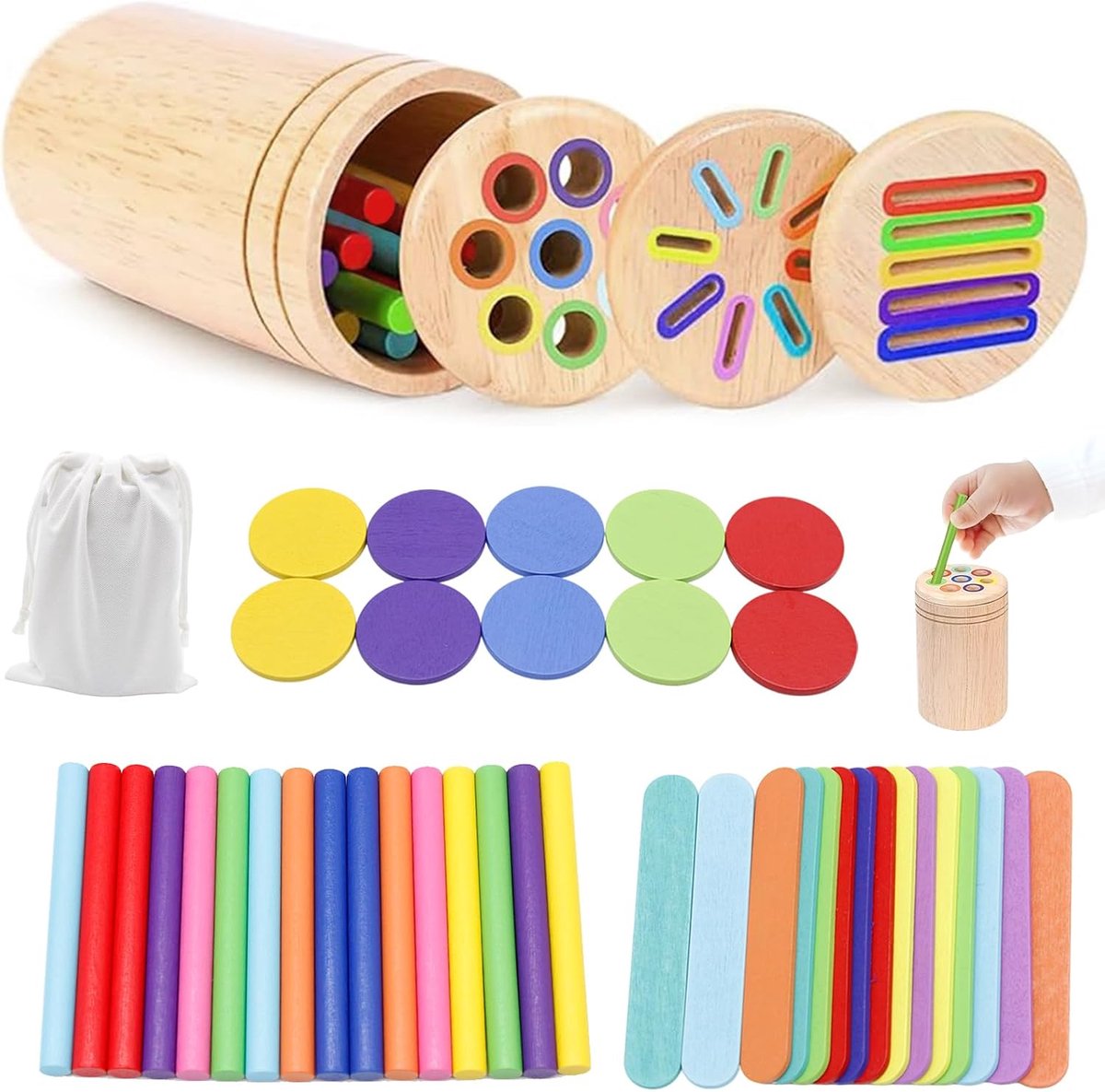 Speelgoed jaar, 3-in-1 houten speelgoed, motoriek speelgoed, babyspeelgoed 1, 2, 3 jaar, sorteerspel, steekspellen, leerspellen jaar, cadeau voor meisjes en jongens