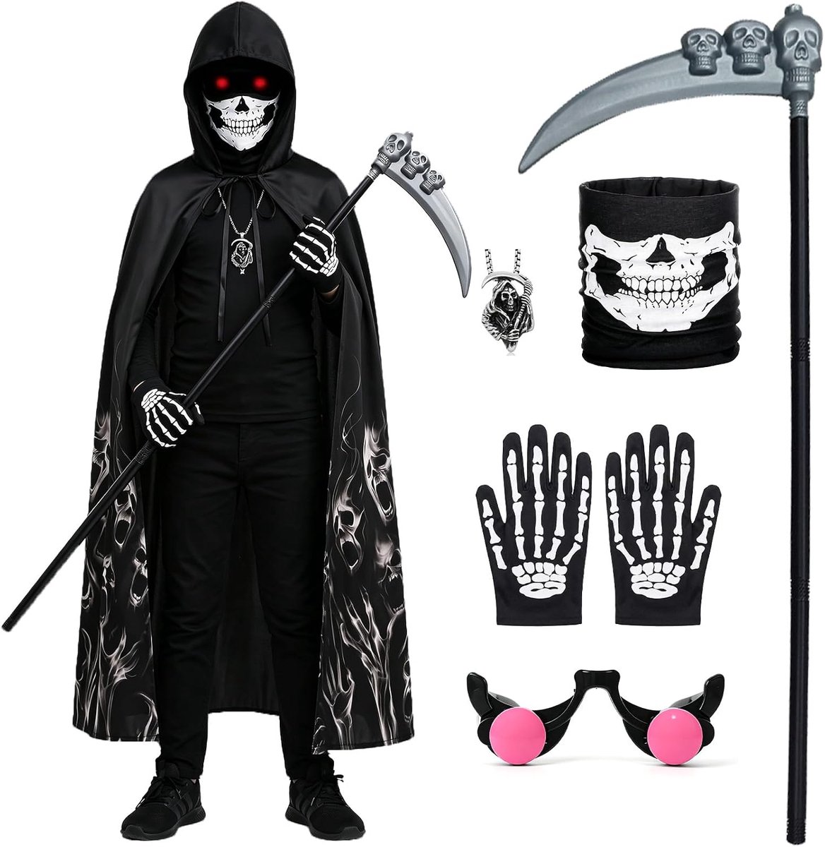 Hein Kostuum Volwassen/Kinderen, Magere Hein Fancy Dress Kostuum, Halloween Dood Fancy Dress Set met Mantel, Scythe, Skelet Handschoenen Masker Schedel Ketting