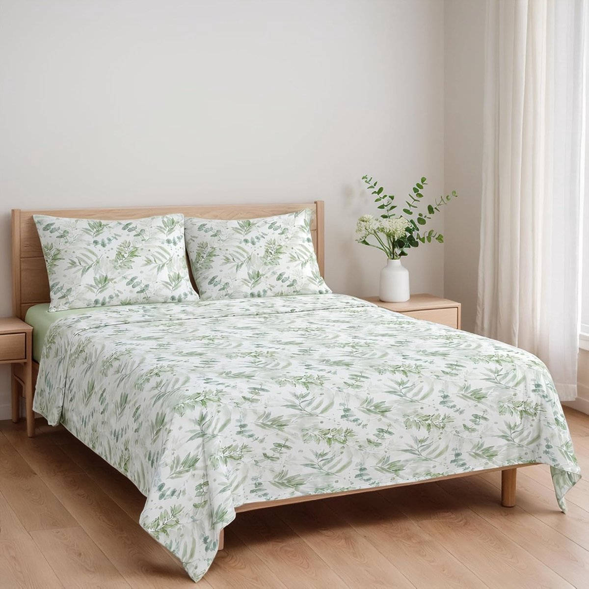 Lakenset 4-delig voor bed 150 cm, zachte en ademende microvezel, met 1 hoeslaken, 1 bovenlaken en 2 kussenslopen - Groene bladeren aquarelmotief