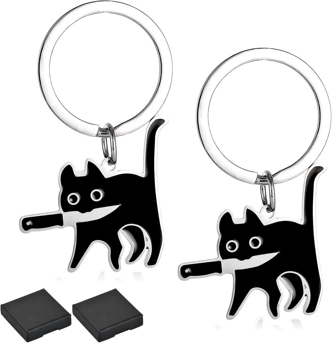 2 schattige zwarte kattensleutelhangers en 2 doosjes. Roestvrijstalen sleutelhangers, cadeau voor kattenliefhebbers, kattenpatroondecoratie, Valentijnsdagcadeau, cadeau voor familie en vrienden