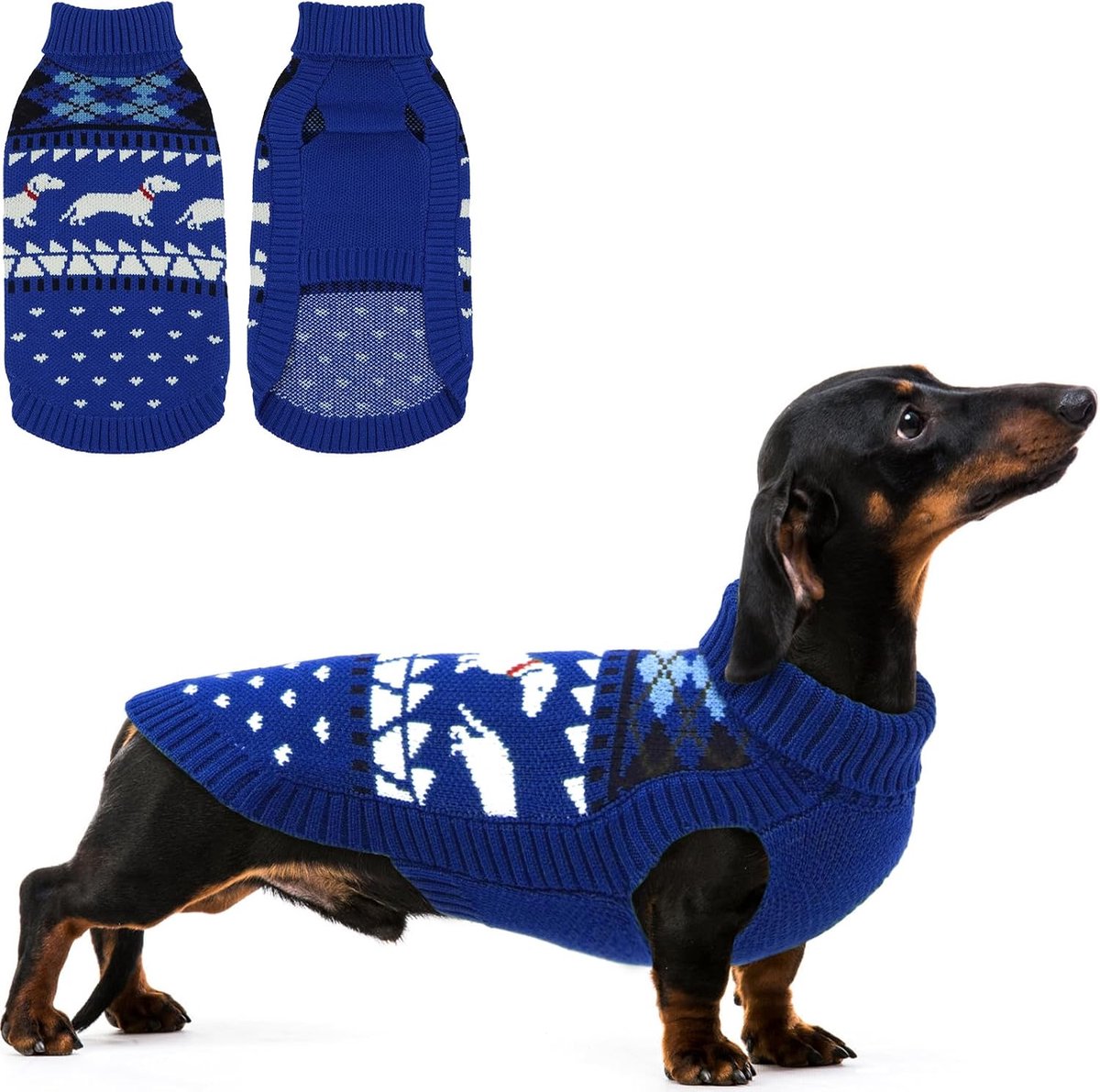 Hondentrui voor teckel, gebreide trui met teckelpatroon, warme hondentrui, rolkraag, wintertrui voor middelgrote honden, blauw, M