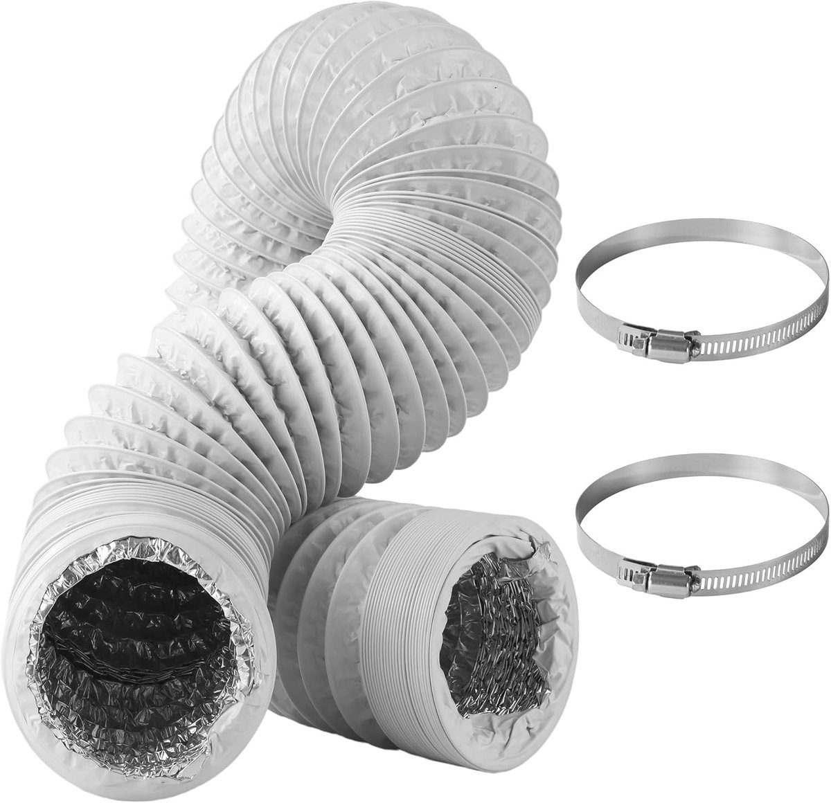 Ø 100 mm, lengte 3 m, wit, flexibele aluminium flexslang van aluminium met pvc-coating en 2 roestvrijstalen slangklemmen voor ventilatie, droger, afzuigkappen en airconditioners