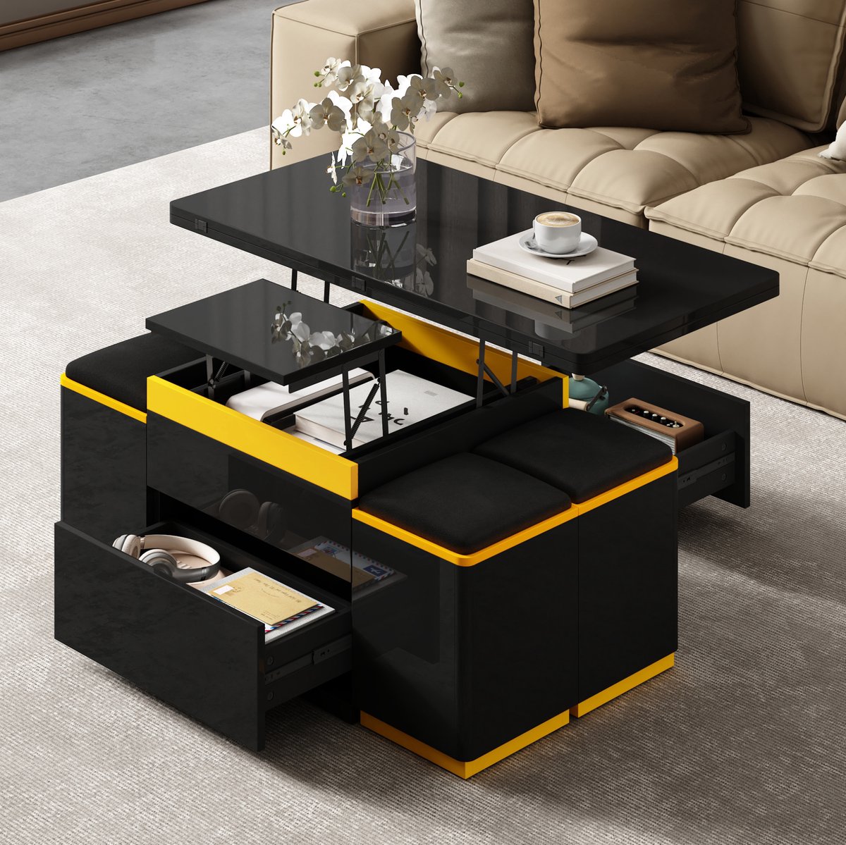 MEUNIQ Salontafel 100 x 50 x 43 cm – hoogte instelbaar en opklapbaar, met lades, open vakken en 4 opbergkrukken, zwart-geel voor woonkamer