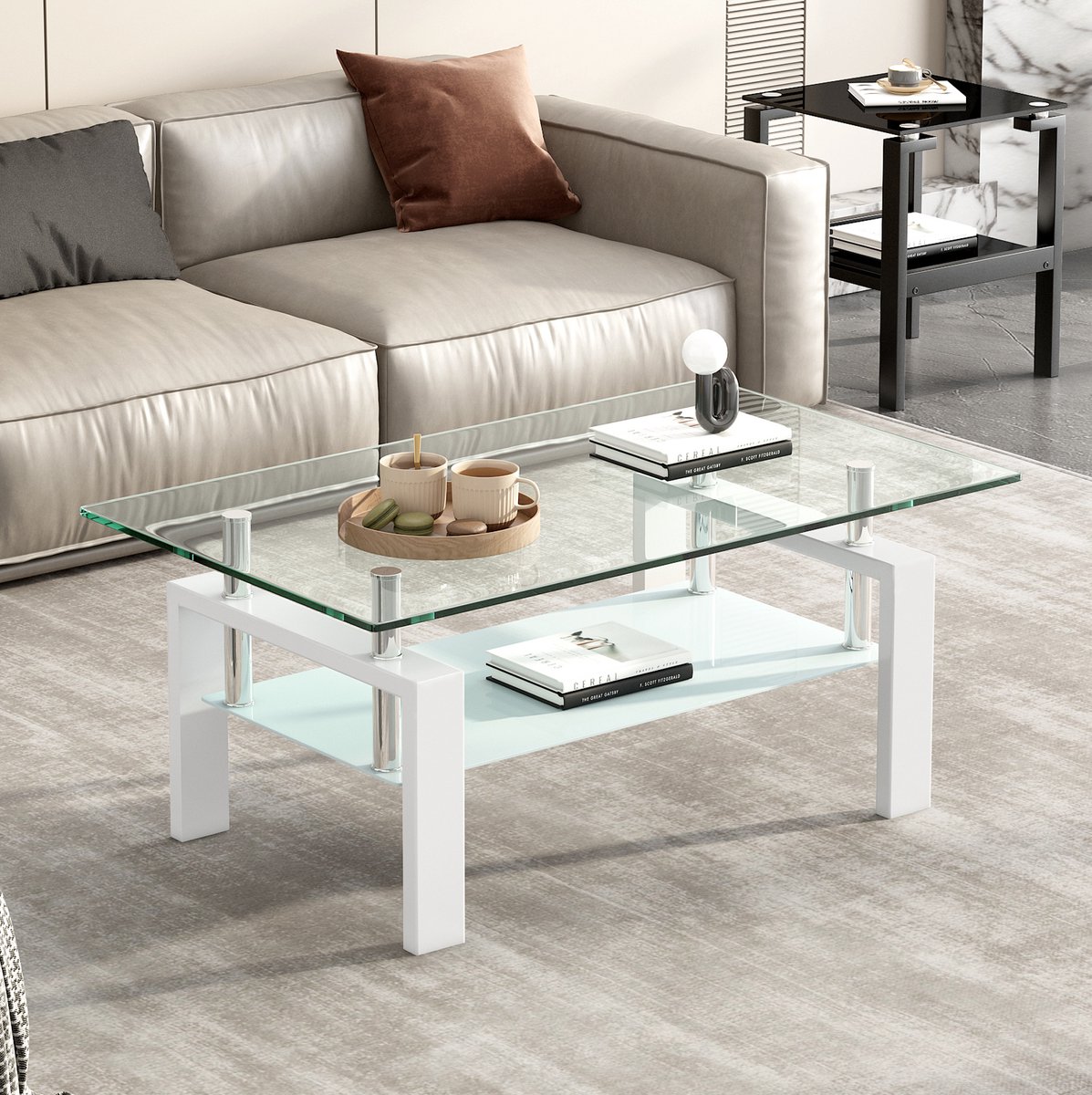 MEUNIQ Salontafel 100 x 60 x 44 cm met tweelaags gehard glas en wit metalen frame, rechthoekige koffietafel voor woonkamer