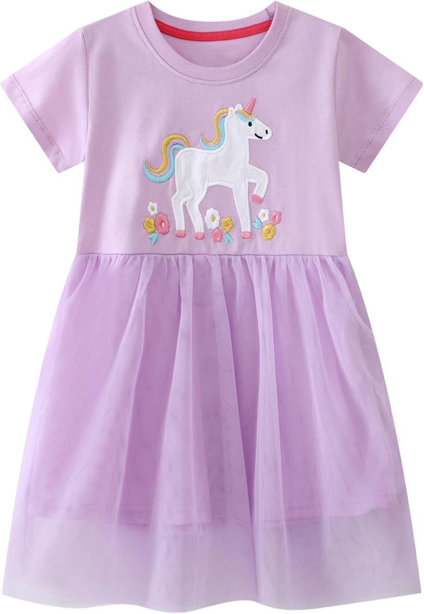 Jurk Meisjes Lange/Korte Mouwen Katoen Tule Jurken Kinderen Tutu Glitter Borduurwerk Pailletten Appliqué Zomerjurk met Dieren Patroon Partij Fiesta Casual Prinsessenjurk voor 2-7 Jaar