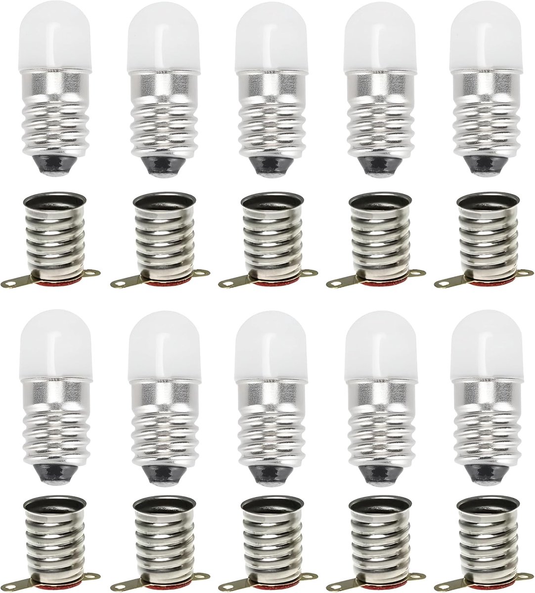 E10-lampen, 10 sets 6 volt koudwitte vervangingslampen, miniatuurschroef led-lampen, 0,5 W 60 lumen, inclusief 10 stuks E10-fitting (koudwit (6000 K), 6 V)