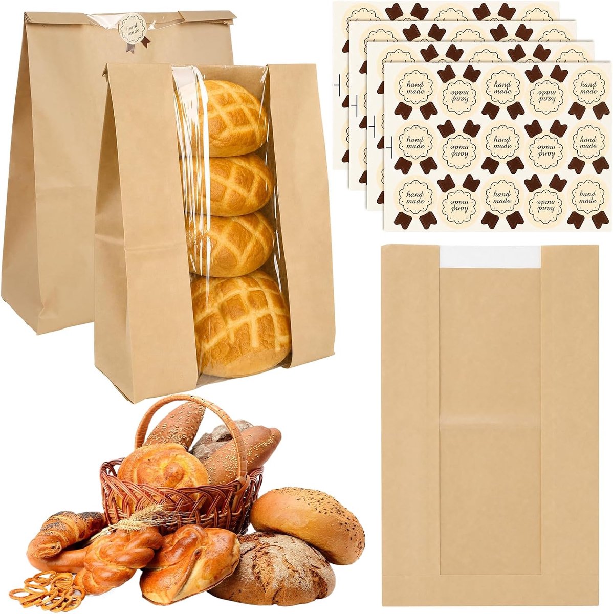 40 broodzakken van kraftpapier met kijkvenster en 60 stickers, 35 × 21 × 8 cm, bruine bakzakken, geschikt voor zelfgebakken brood, zuurdeegbrood, baguettes en koekjes; ook geschikt voor verpakken