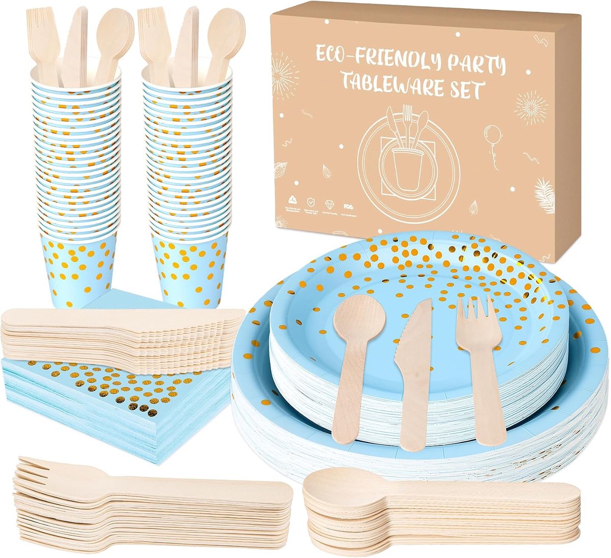 Kartonnen borden blauw met gouden stippen, set van 200 stuks feestservies met vorken, messen, lepels, servetten, borden, bekers, 25 gasten, wegwerpservies voor Kerstmis, verjaardagen