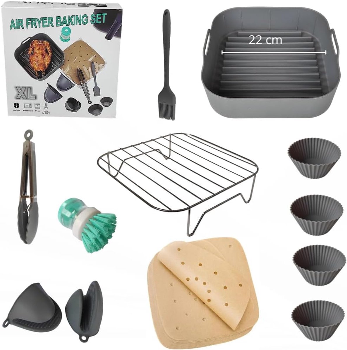 Accessoires voor airfryer Inclusief airfryer bakvorm 22 cm, bakpapier voor airfryer, kwast handschoenen tangen voor airfryer 4 muffinbakvormen en airfryer rekje Grijze set