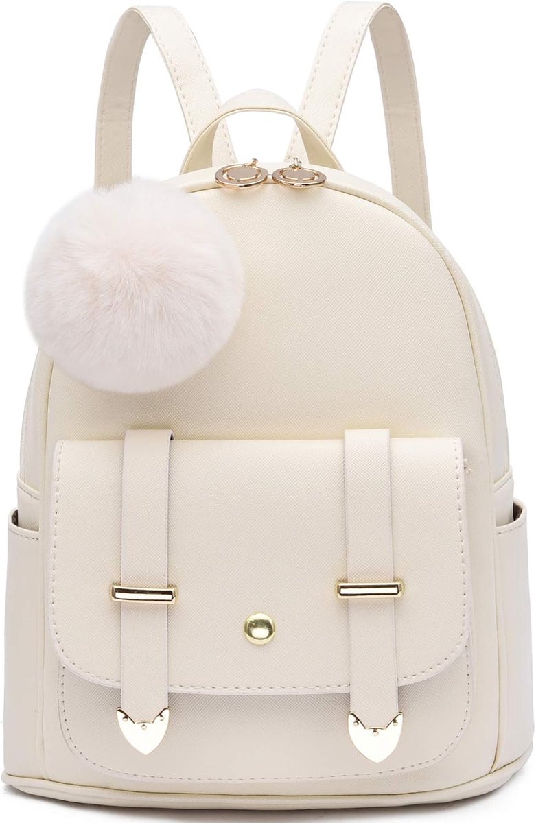 Meisjes Mode Rugzak Mini Rugzak Portemonnee voor Vrouwen Tiener Meisjes Portemonnees PU Lederen Pompom Rugzak Schoudertas, Wit, Laptop
