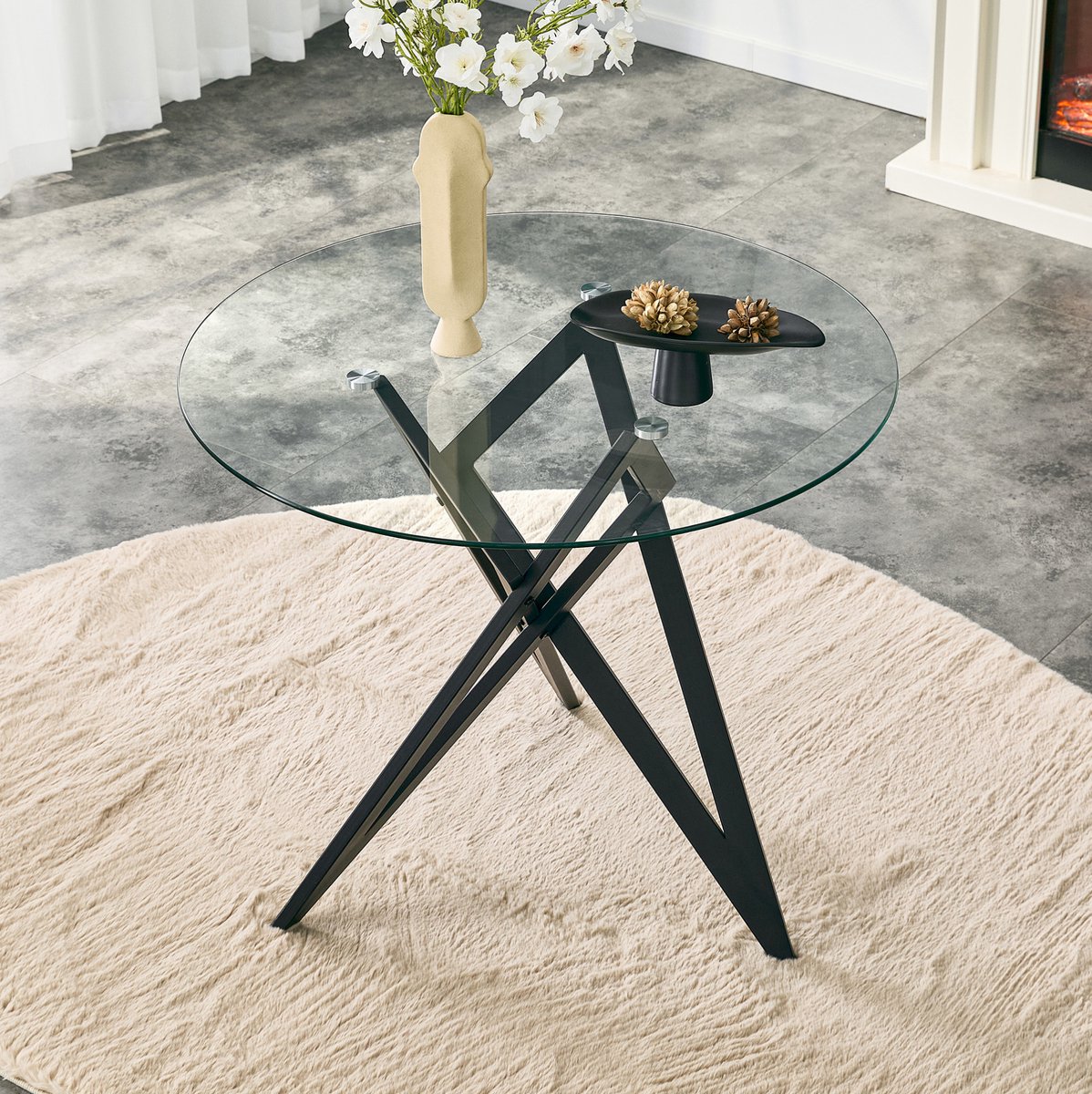MODFU Salontafel - Gehard Glazen Blad - Geometrisch Metalen Onderstel - Zwart - Ø 85 Cm