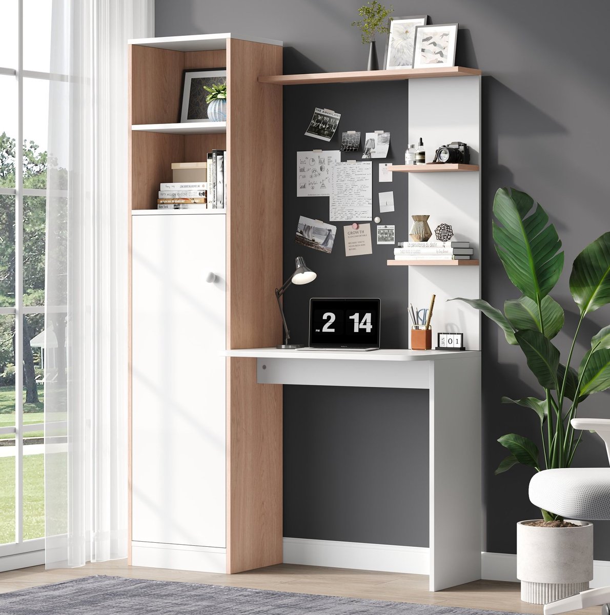 MEUNIQ Bureau met opbergruimte 123,5 x 45 x 168,5 cm – wit en naturel, kast met deuren, 2 open legplanken en bovenrek voor thuiskantoor