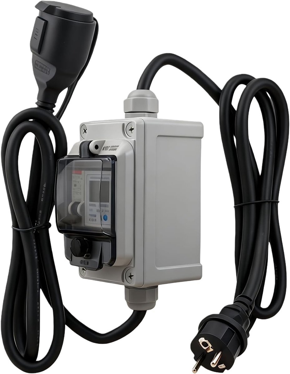 Mobiele Digitale Stroommeter 230V 16A IP67 Waterdicht voor Motorhomes en Elektrische Voertuigen, Inclusief RCD en Stekker voor Campinggebruik
