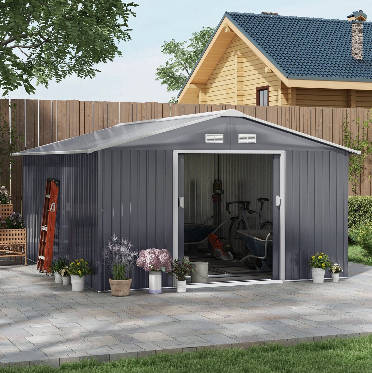MEUNIQ Metalen gereedschapsschuur 340 x 386 x 200 cm met fundament, 2 schuifdeuren en ventilatieopeningen voor tuin, grijs