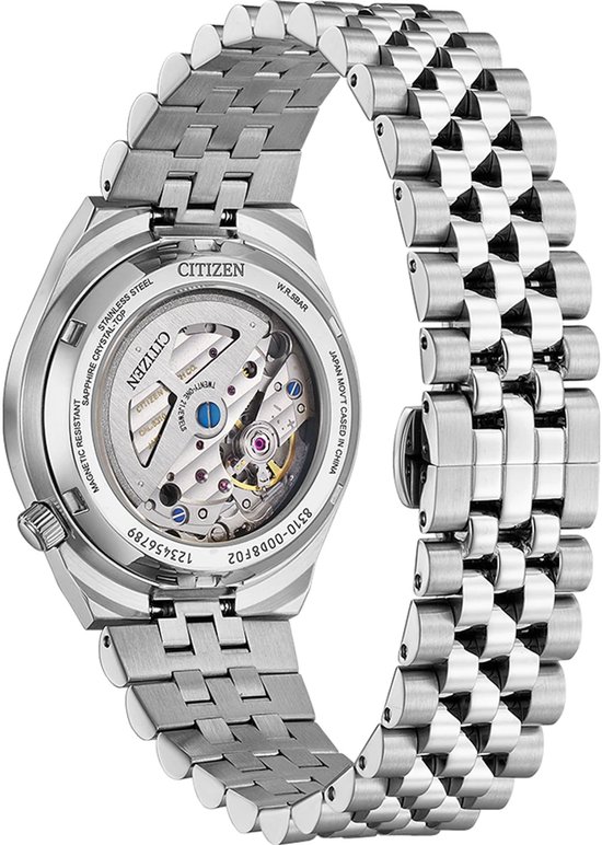 Achterkant van Citizen Tsuyosa horloge met zichtbaar automatisch uurwerk, RVS en tekst.