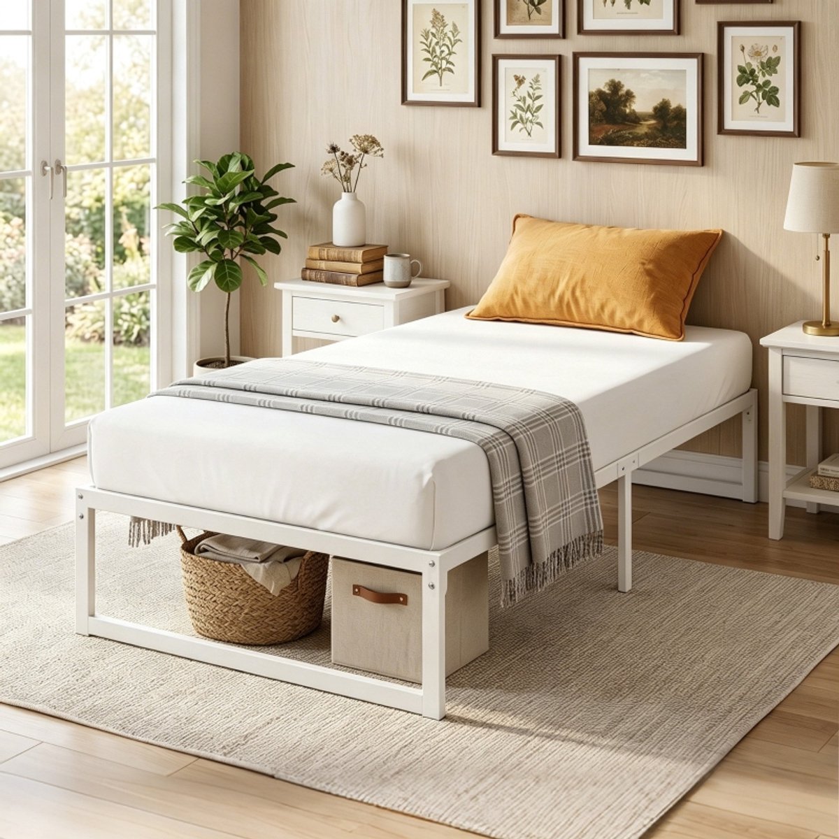 REDOM Bed - Metalen bedframe zonder hoofdeinde - Metalen lattenbodem - Opbergruimte onder het bed - Minimalistische stijl - 90 x 200 cm - Wit - 200,5 x 90,6 x 32,5 cm