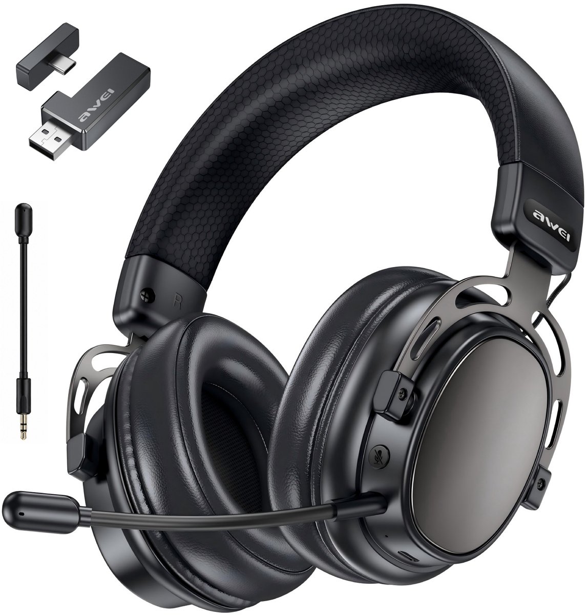 AWEI AT36 - Over Ear Koptelefoon Draadloos - Draadloze Headset met Microfoon - 2.4G Ultralage Latentie - Bluetooth 5.4 - Dual-microfoon ENC & Fysieke Mute Knop – Lichtgewicht 285g - Type-C Opladen - Zwart