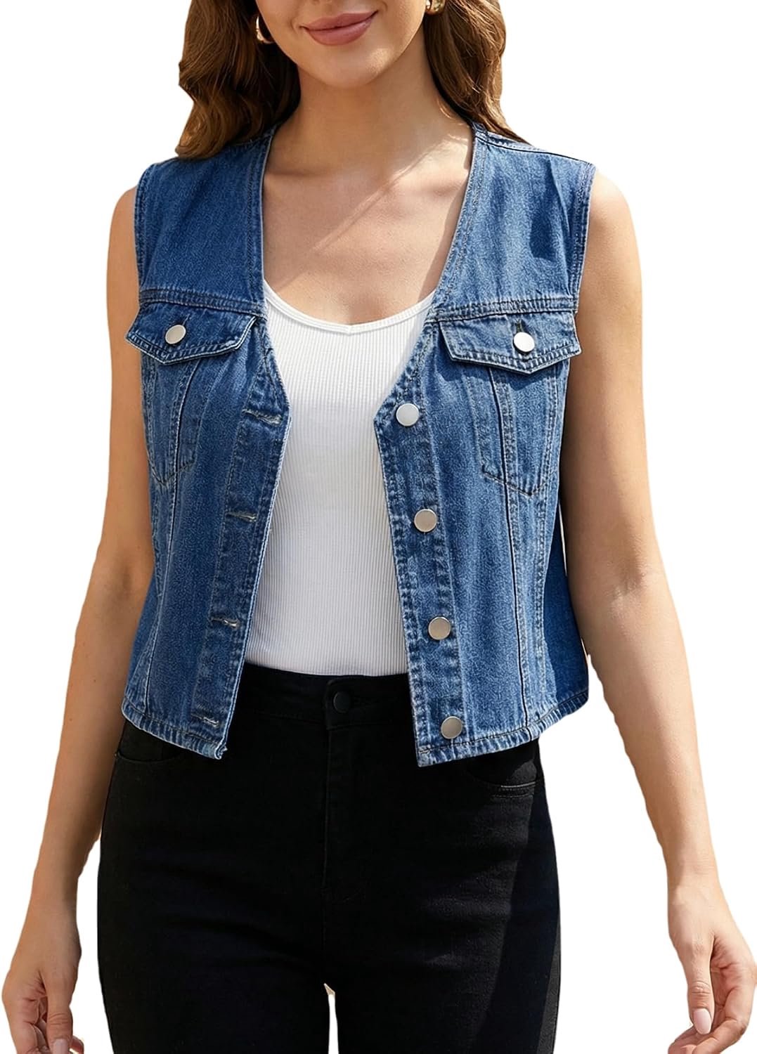 Korte jeansvest, V-hals, western stijl, knopen