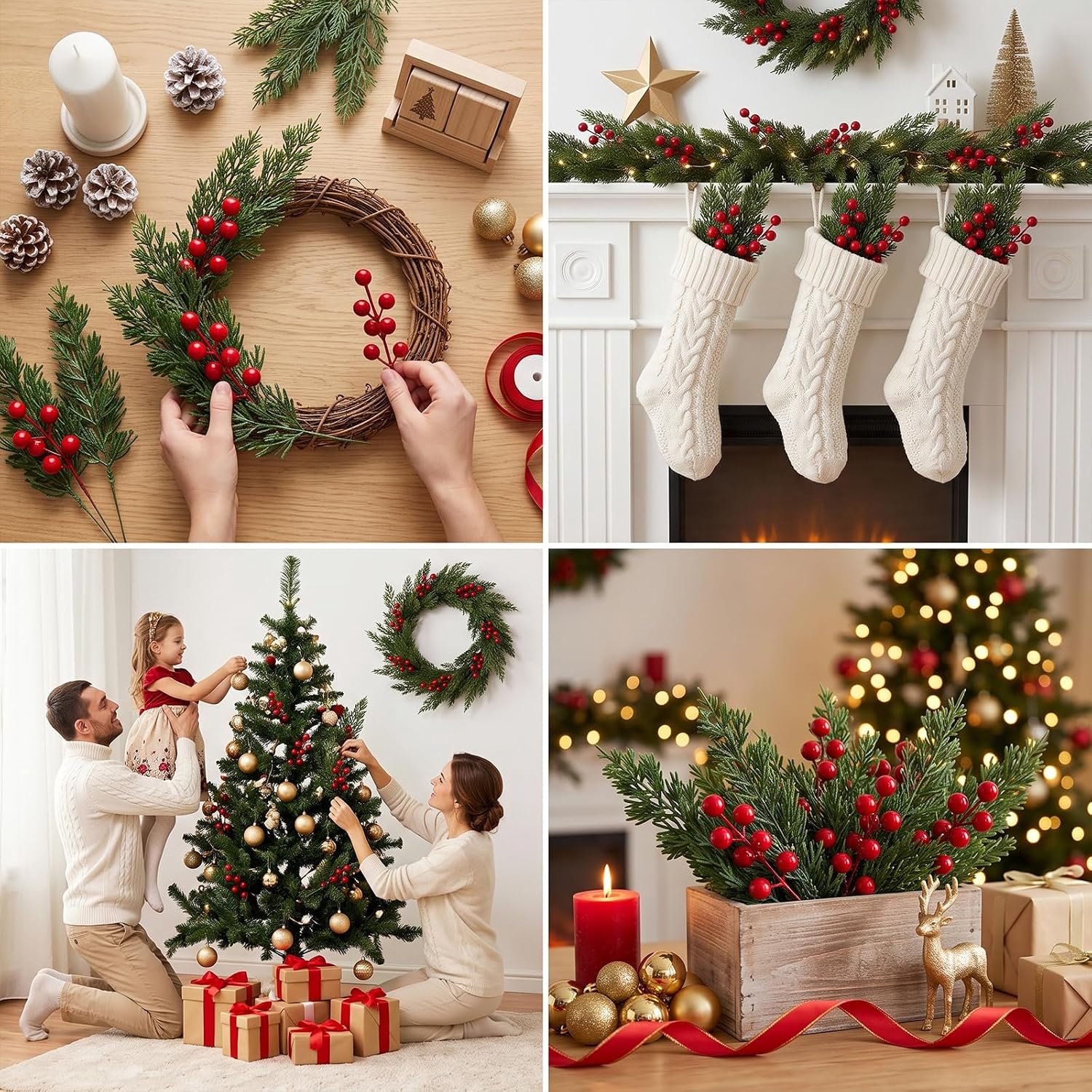 30 Stuks Kunstkersttakken met Rode Bessen - 25 cm - Buigbare Kunst Pijntakken - Voor Kerstkrans, Slinger, Vaas en Tafeldecoratie – foto 6