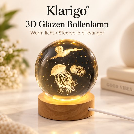 Klarigo® Nachtlamp – 3D LED Lamp – Glazen Bol – Kwal- Warm Licht – Bureaulamp – Nachtlampje Kinderen – Creative lamp van Klarigo — afbeelding 2