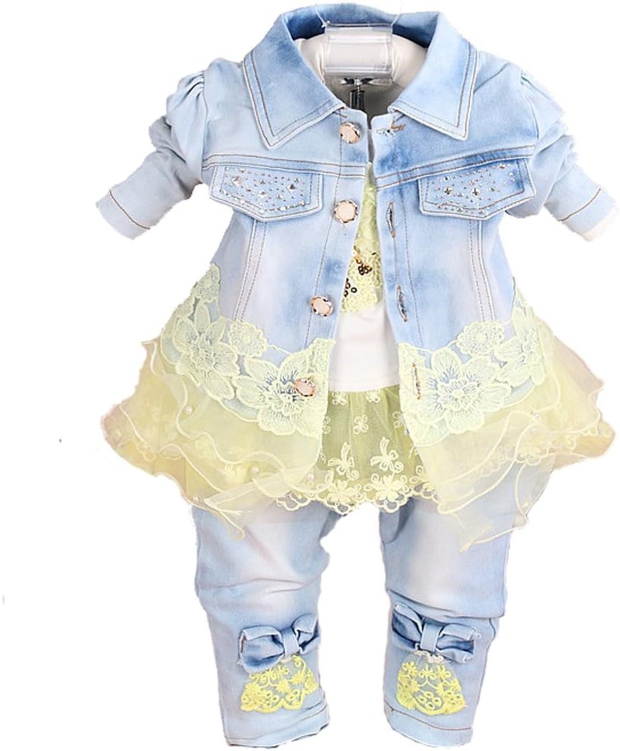 Meisjes kledingset met jeansjas, shirt en broek 6 maanden - 5 jaar