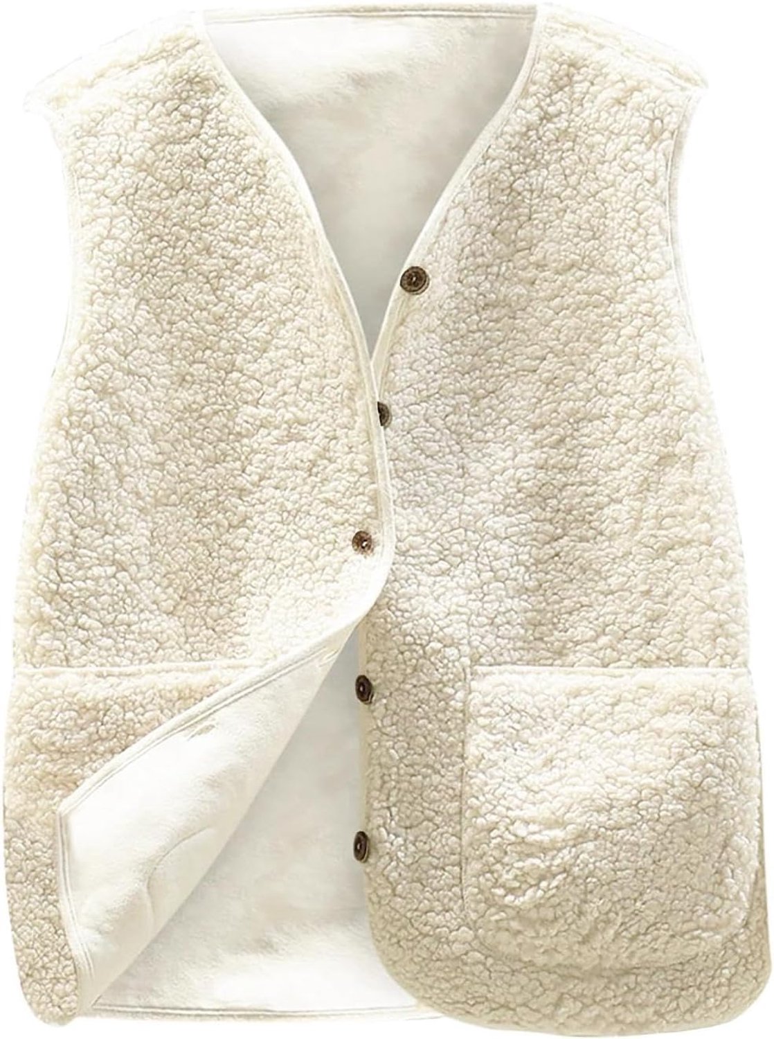 Teddy fleece vest met knopen, V-hals en zakken