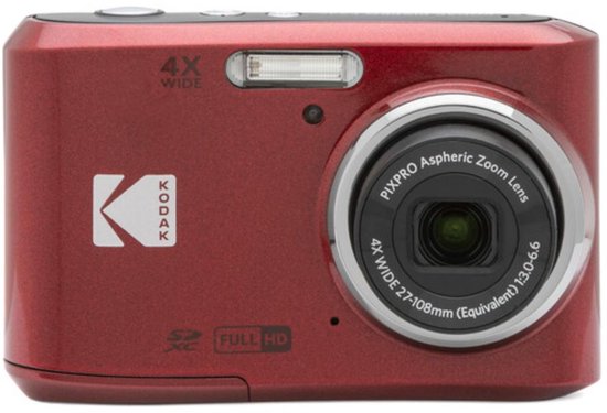 Rode Kodak Pixpro compactcamera van voren, met 4X groothoeklens, flitser en 'Full HD' markering.
