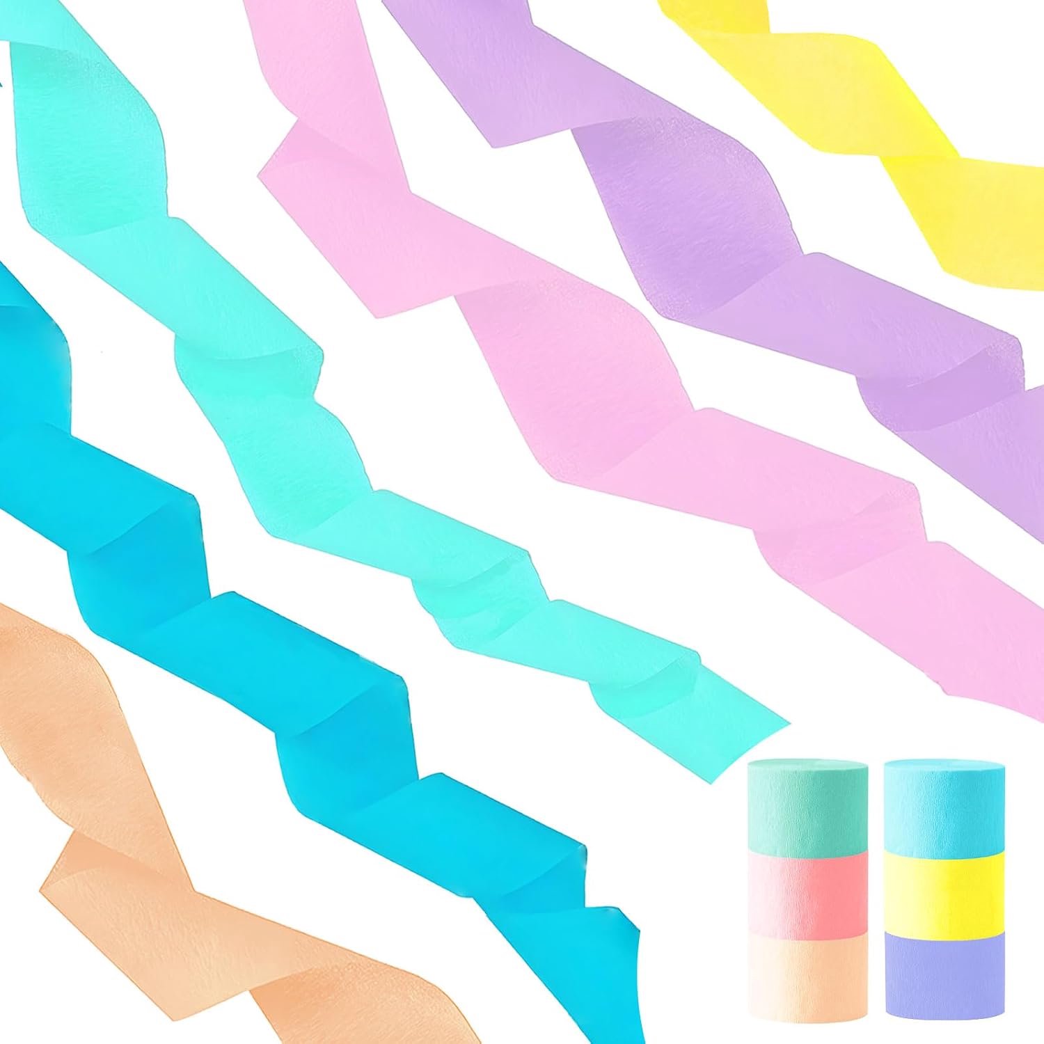 6-delige set pastel regenboog crêpe papier set 4,5 cm x 25 m