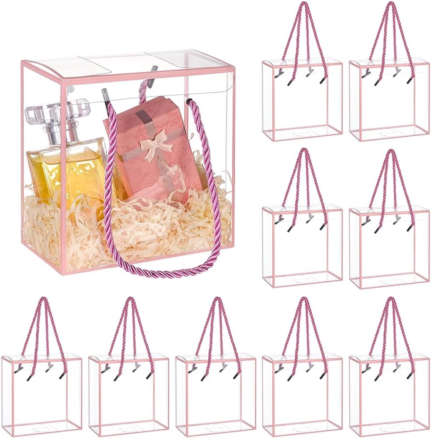 geschenkdozen 14 x 7 x 14 cm - doorzichtig PET met roze rand - met handvat - voor feestgeschenken Vemera - 10 stuks - Vemera