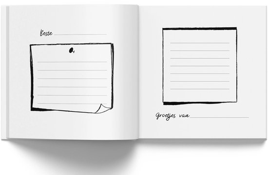 Open pagina's met een vierkant en een rechthoekig vakje, voorzien van lijnen en de teksten "Beste" en "Groetjes van".