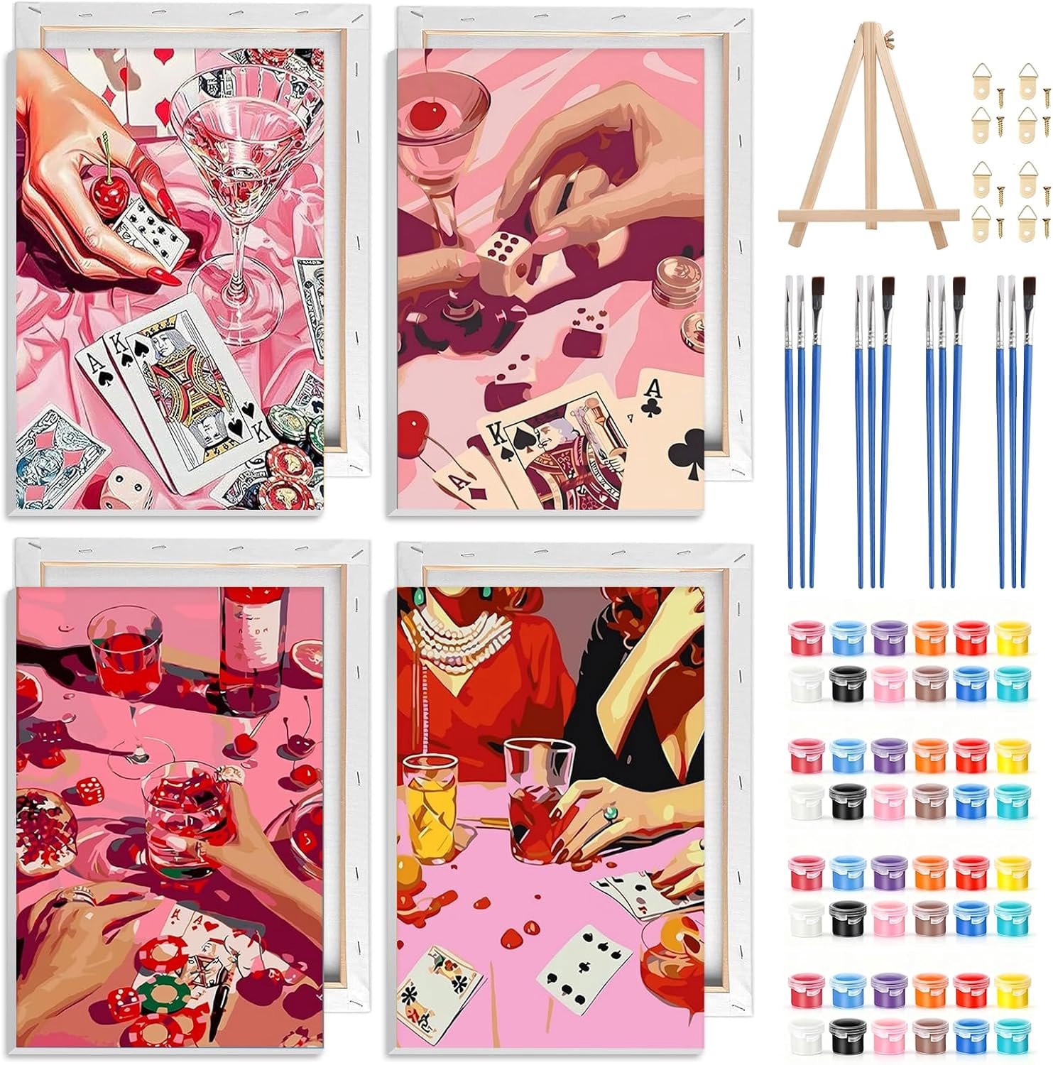 Verf op nummer set 20 x 30 cm - roze schilderen op canvas - inclusief frame en penselen - cadeau voor huisdecoratie - 4 stuks - m-winkel