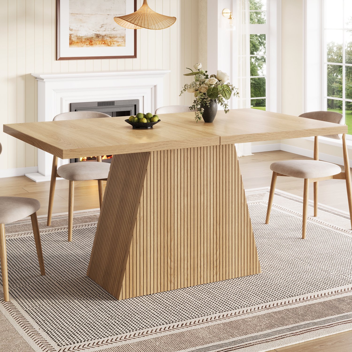 Merax Uitschuifbare eettafel - rechthoekige keukentafel met trapezevormige tafelpoten en groefpatroon - antislipvoetjes - houtkleur