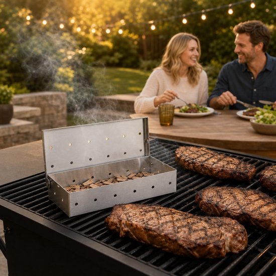 Rookboxset van roestvrij staal met appelhoutsnippers, 23 x 10,5 x 5 cm, voor gas- en houtskoolbarbecues, 2 stuks — afbeelding 2