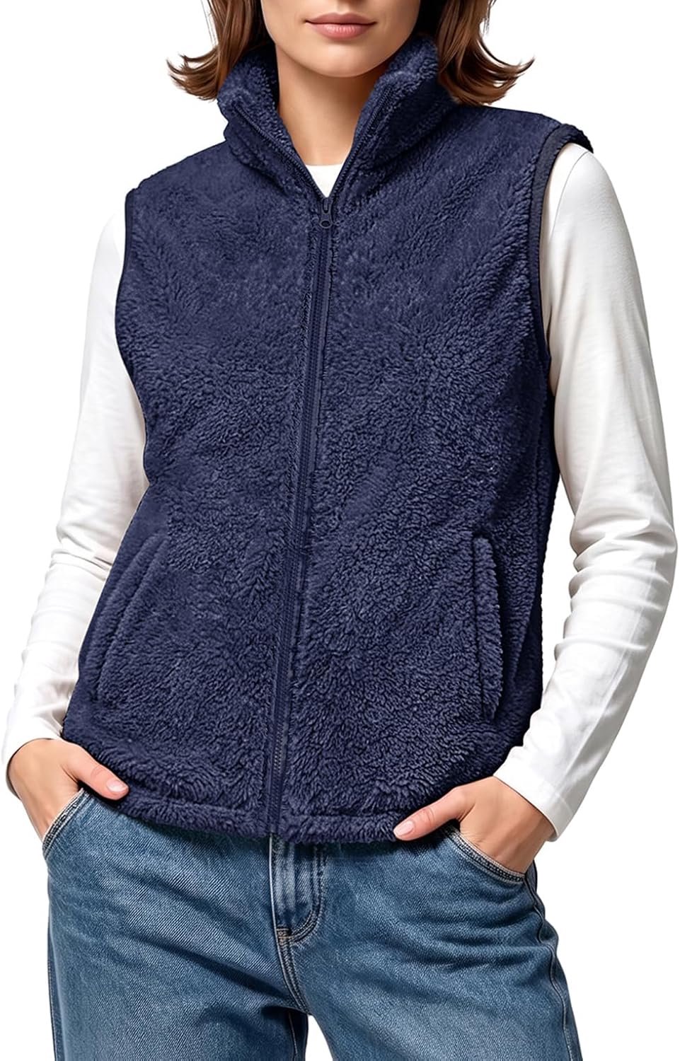Fleece vest met kraag en zakken