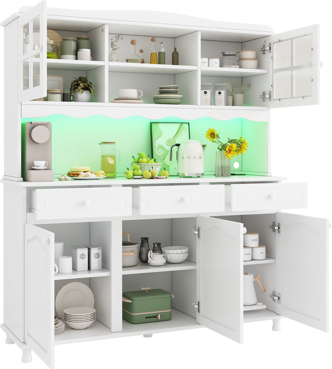 REDOM Keukenkast 135 x 40 x 185 cm - Verstelbare planken, stopcontacten en LED-verlichting - Wit