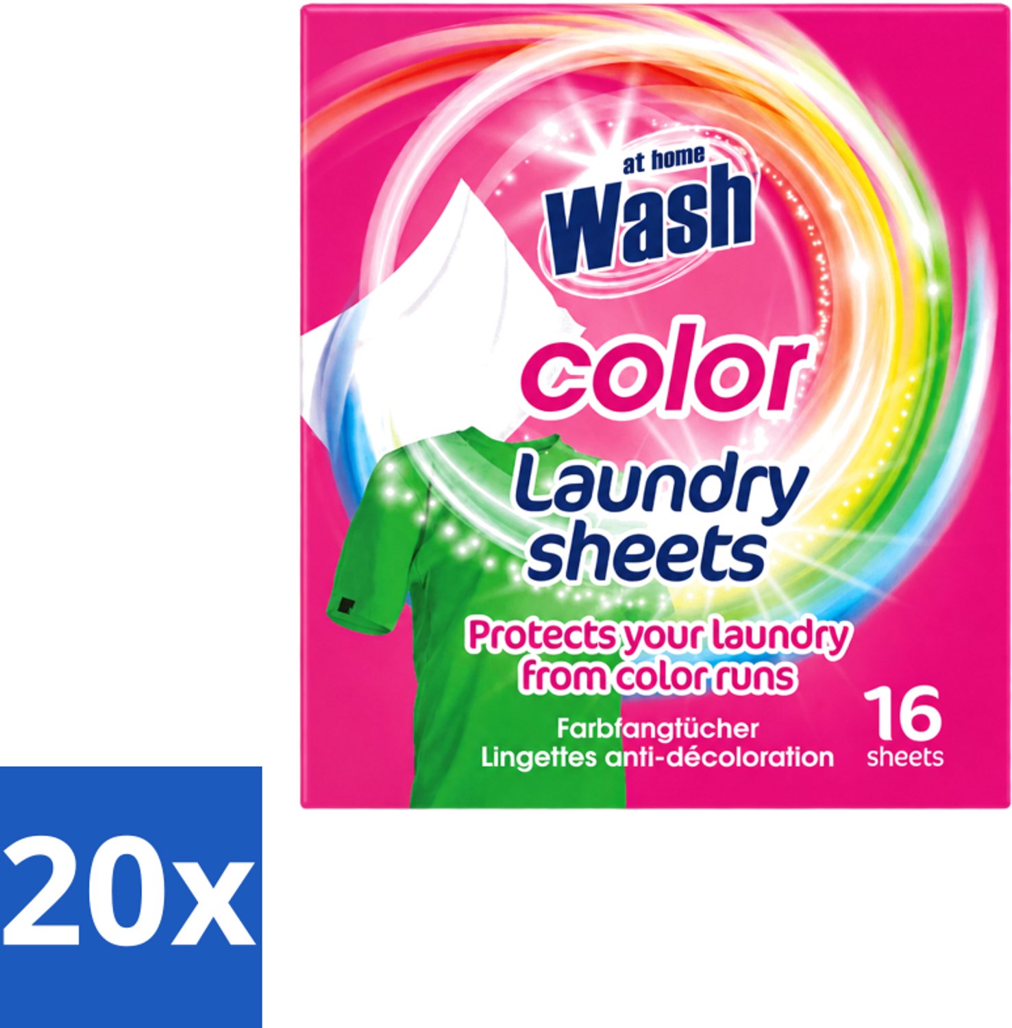 20 x At Home - Wash - Wasdoekjes - Gekleurde Was - Tegen Verkleuring - 16 Doekjes - Voordeelverpakking - 20 stuks