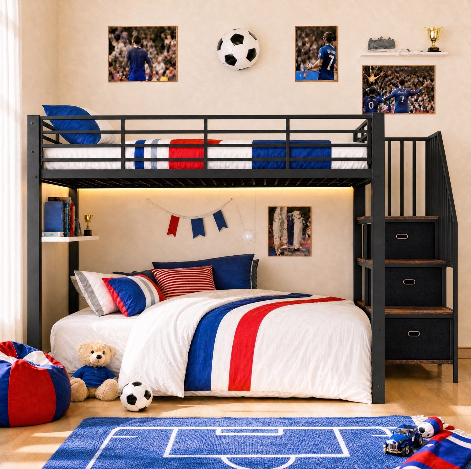 MEUNIQ metalen stapelbed 140 x 200 cm met omkeerbare trap, opbergladen, veiligheidshekken, ledverlichting, stopcontacten en USB-aansluitingen – zwart