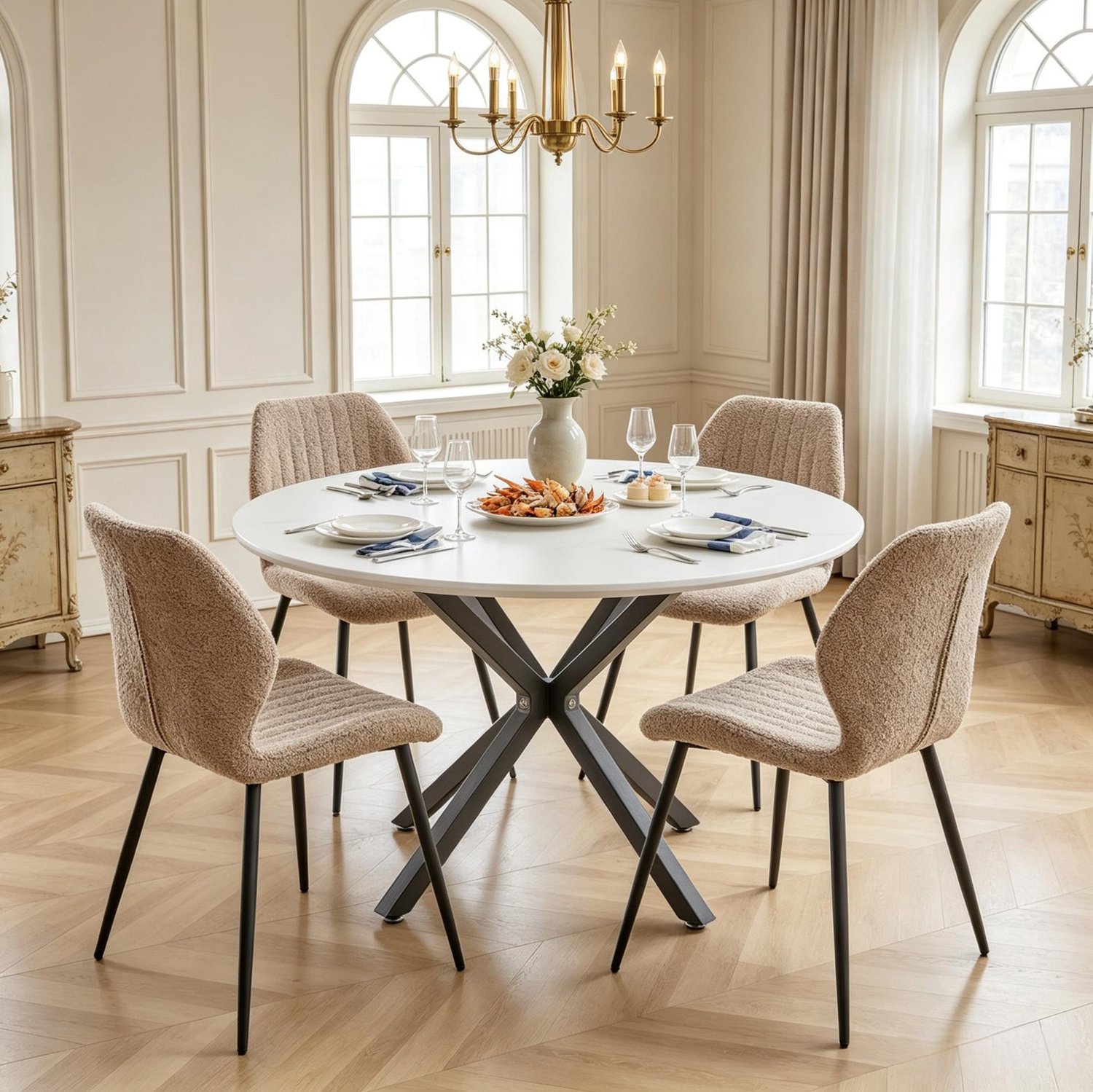 HAUSS SPOLE Eetkamerstoelen - Set van 4 - Zachte Zitting en Rugleuning - Voor Eetkamer, Keuken en Woonkamer - Linnen en Metaal - Bruin