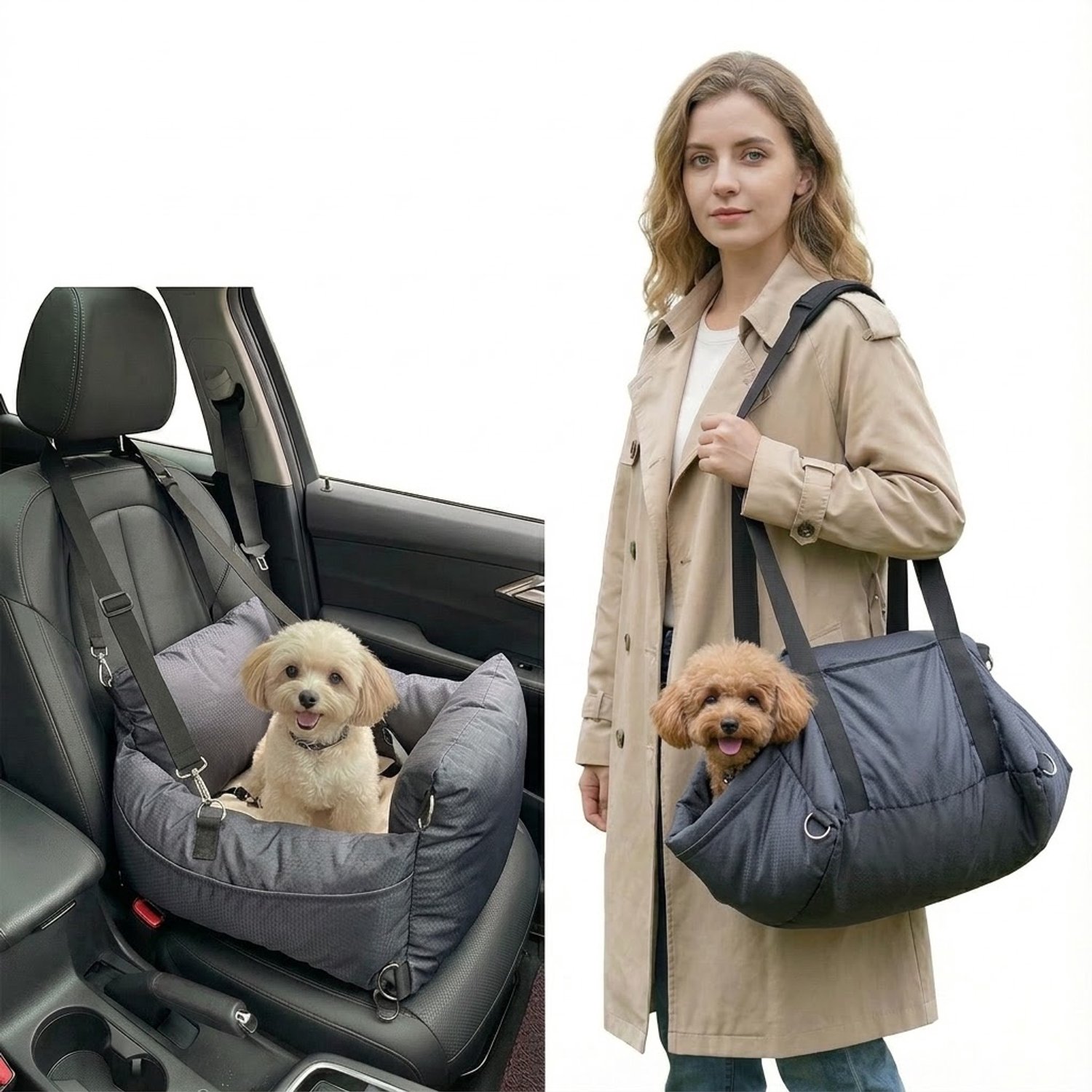 Luxe Autostoel Hond –2-in-1 Luxe Honden Autostoel & Draagtas - Opvouwbare Hondenmand Auto - Met Veiligheidsriempje - voor Achterbank & Voorbank - Waterdicht, Wasbaar & Krasbestendig