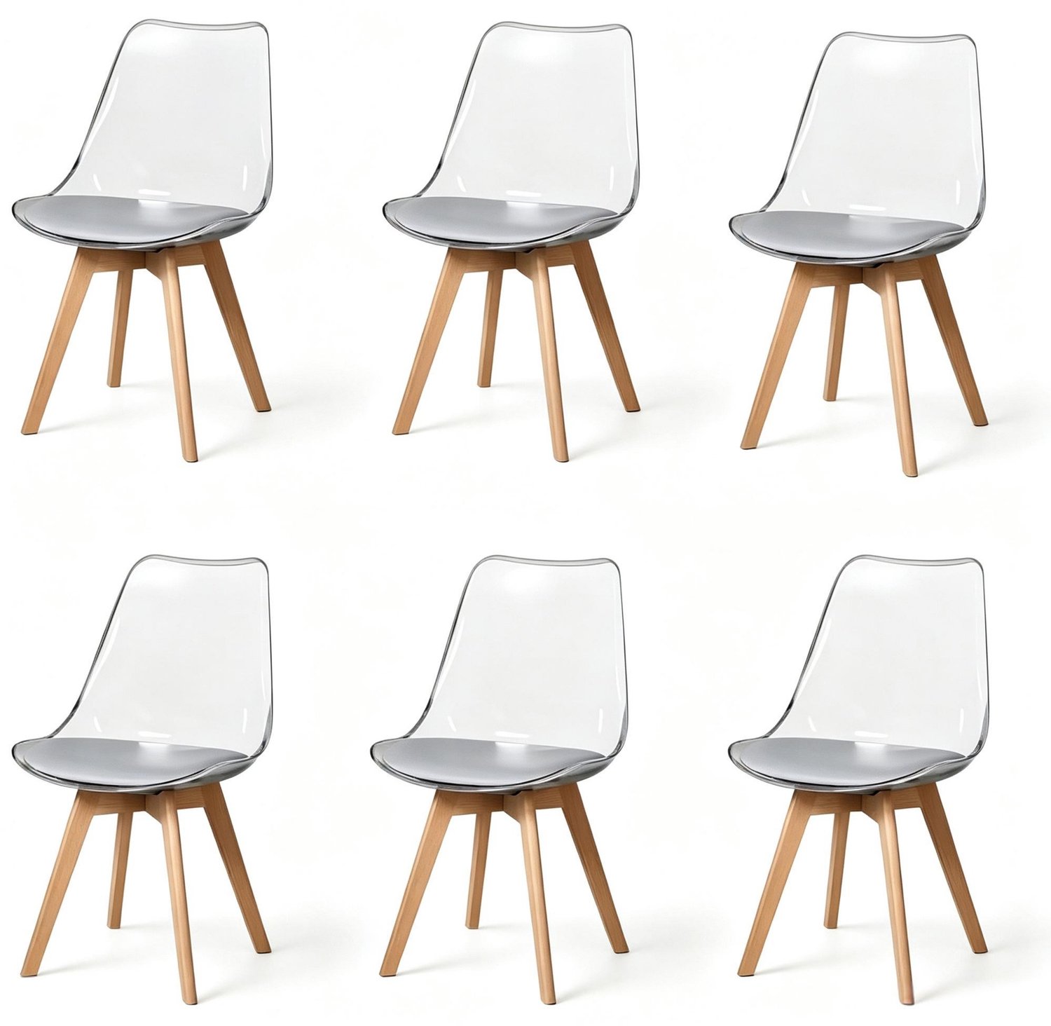 REDOM Set van 6 eetkamerstoelen - Kunststof zitting met kunstleren zitkussen - Houten poten - Grijs