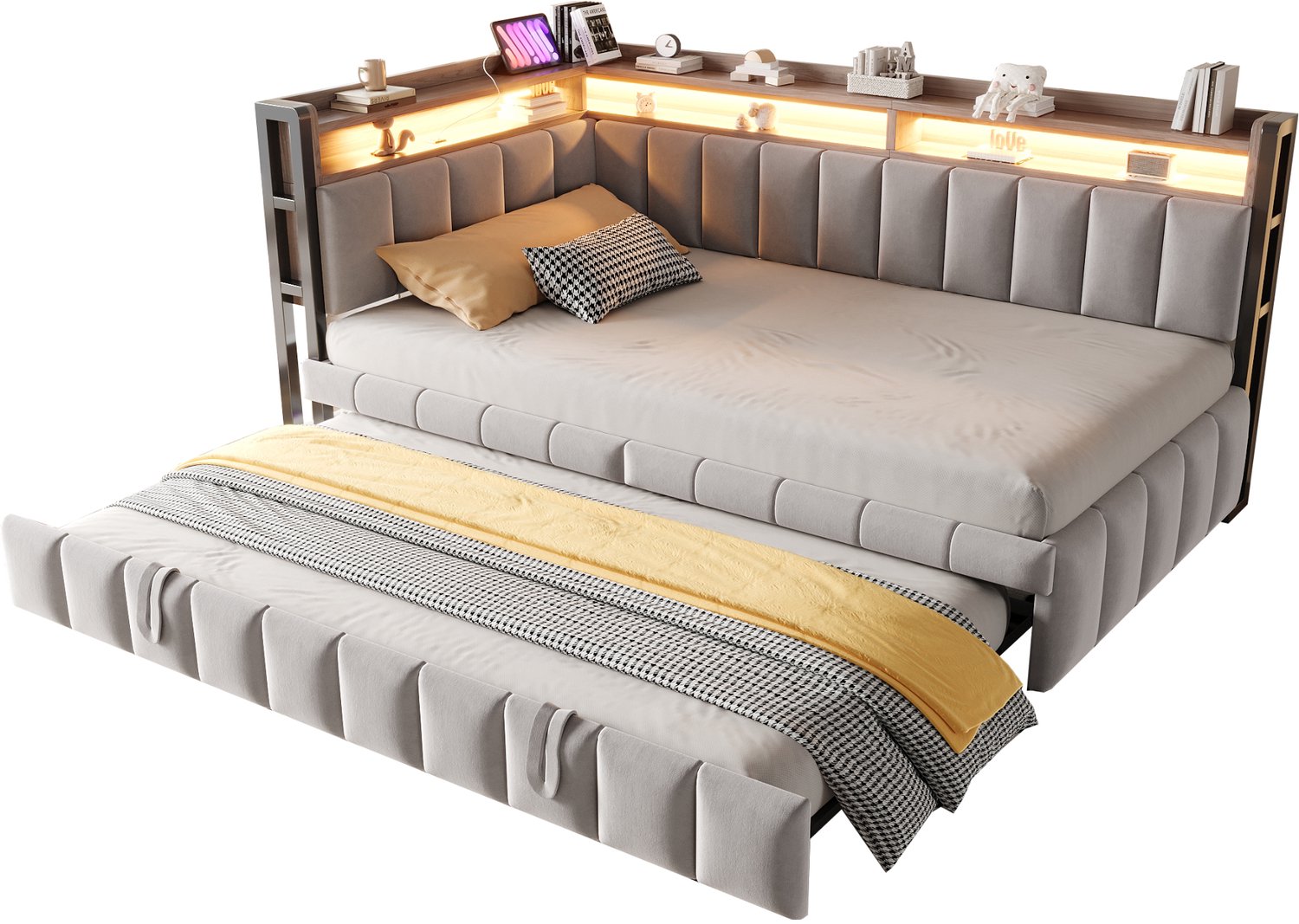 REDOM Slaapbank 90x200 cm met uitschuifbed - Opbergruimte, LED en oplaadpoorten - Lichtgrijs