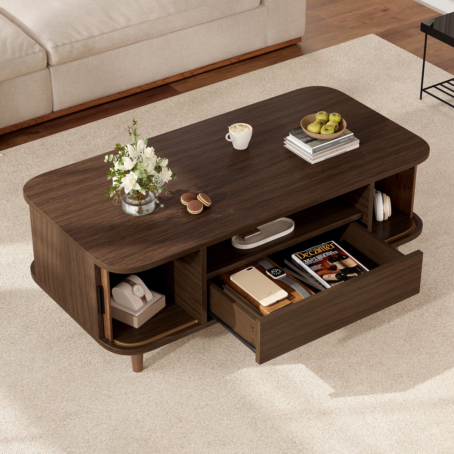 MIVRAY Salontafel - Afgerond Tafelblad Met Lade En Twee Roldeuren - Opbergruimte Voor Woonkamer - MDF En Spaanplaat - Walnootkleur - 100x50x35 Cm