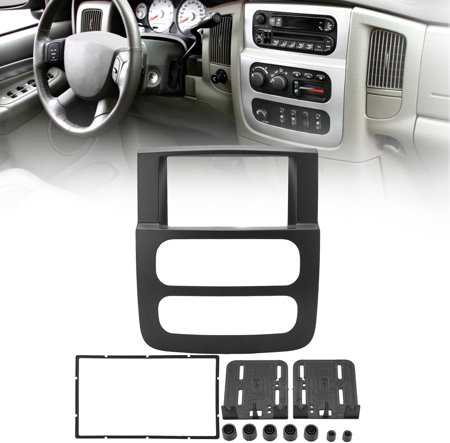Dashboardset Dubbele DIN - Radio-installatieset - ABS Paneelbekleding - Compatibel voor Dodge Ram Truck 2002-2005 - Inclusief 2 Paneelframes - 7 Vaste Adapters