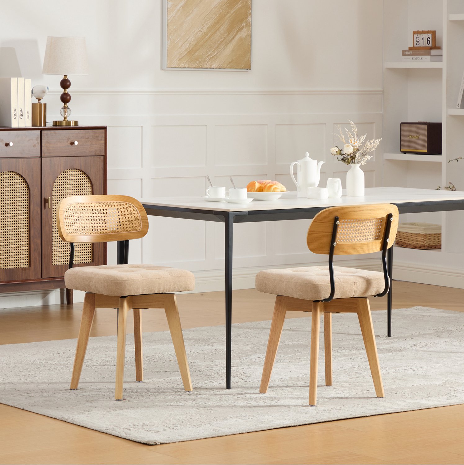 HAUSS SPOLE Eetkamerstoelen - Set van 2 - 360 Graden Draaibaar - Rotan Rugleuning en Zachte Zitting - Voor Eetkamer en Slaapkamer - Chenille Khaki