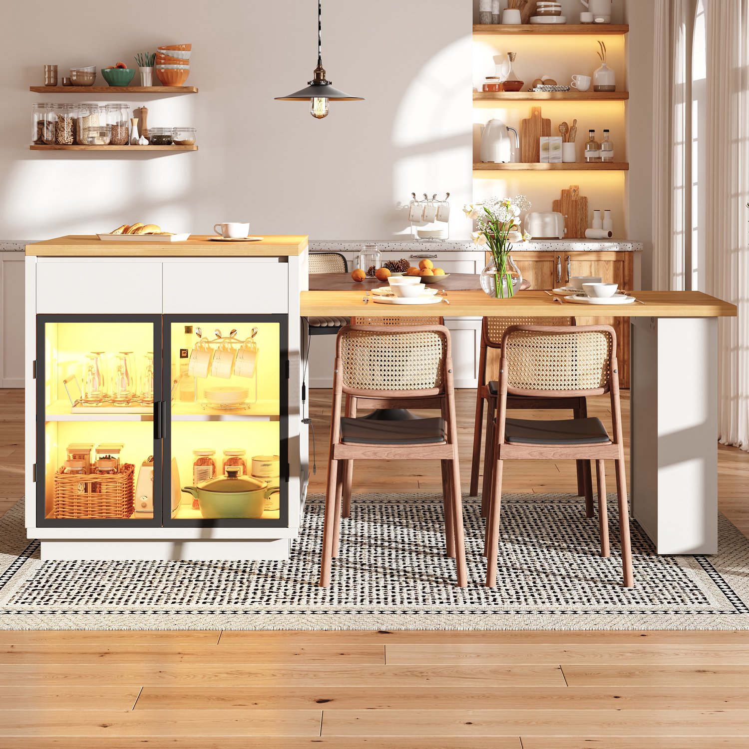 STILVORA Keukeneiland - Uitschuifbaar Met 2 Lades En Ledverlichting - Voor Keuken En Eetkamer - Mdf - Wit - 122 Tot 194,5 X 70 X 94 Cm