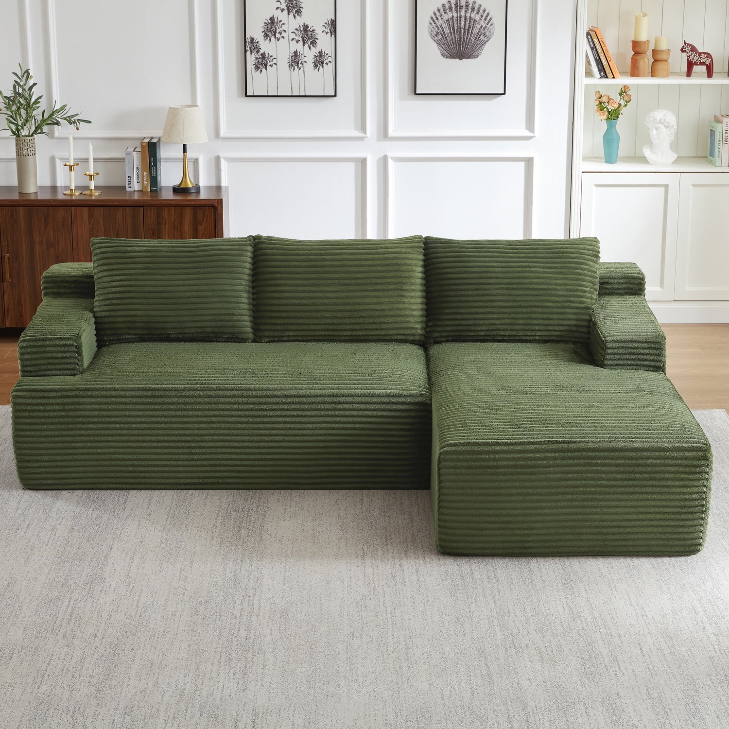FloraGrace Hoekbank 238 cm - L-Vorm met Diepe Zit en Liggedeelte - Voor Woonkamer en Logeerkamer - Ribfluweel - Groen