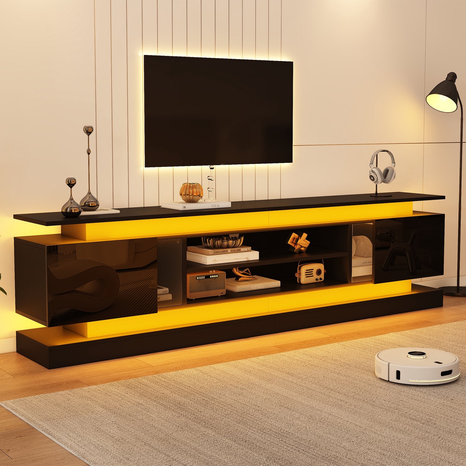 MIVRAY Tv-meubel - Hoogglans Deuren Met Verstelbare Plank En Ledverlichting - Voor Woonkamer En Tv Tot 75 Inch - Mdf - Zwart - 180x35x60 Cm