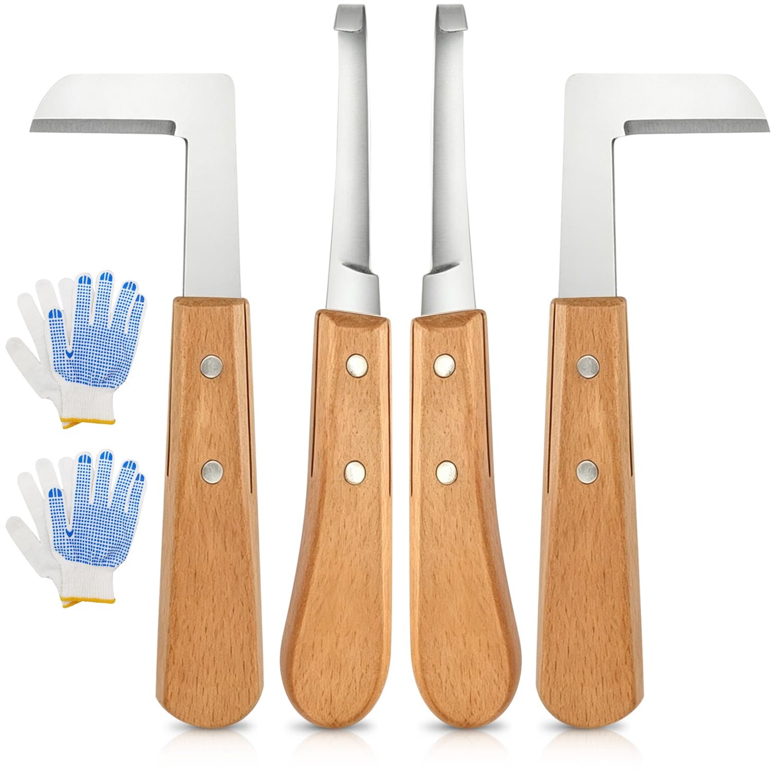 Set van 4 Roestvrijstalen Hoefmessen met Ergonomische Handgreep en Handschoenen