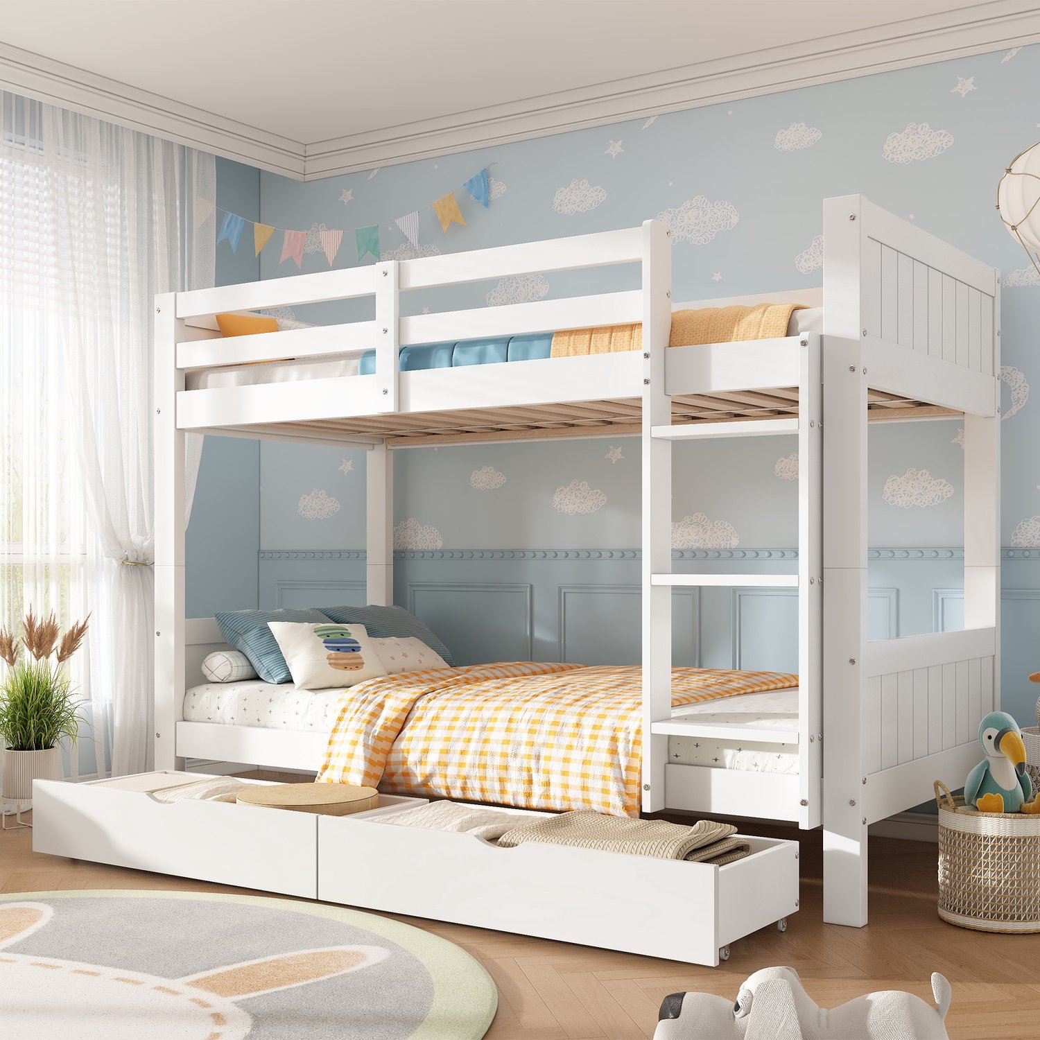 HAUSS SPOLE Stapelbed 90x200 cm - Deelbaar in Twee Eenpersoonsbedden - Met Ladder, Veiligheidshek en Twee Laden - Zonder Matras - Hout - Wit